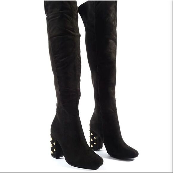 Koi Footwear Devoted Pearl Block Heel Over The Knee Boots In Black Faux Suede 5 - Picture 6 of 15